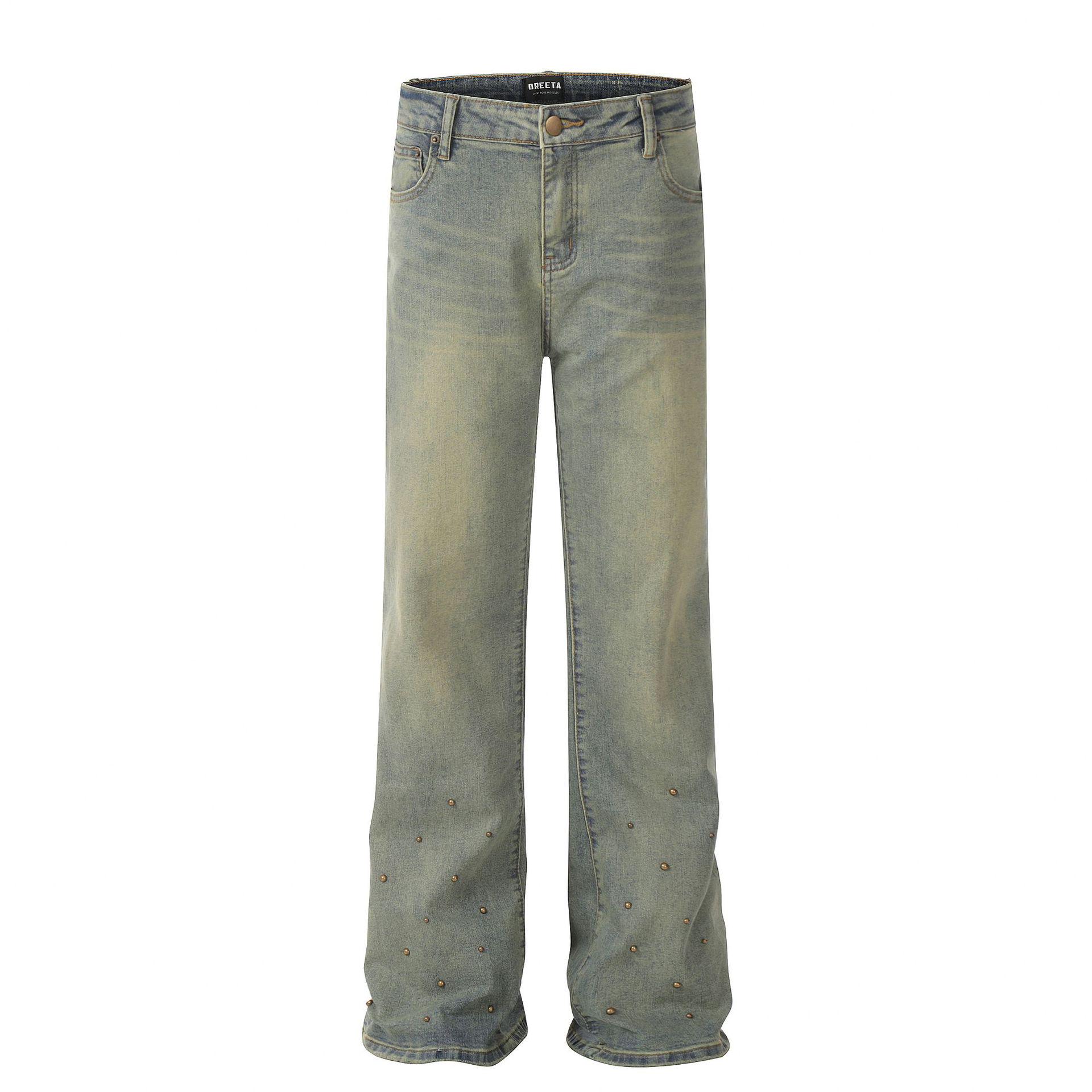 

OREETA | Женские облегающие расклешенные джинсы с потертостями и заклепками L