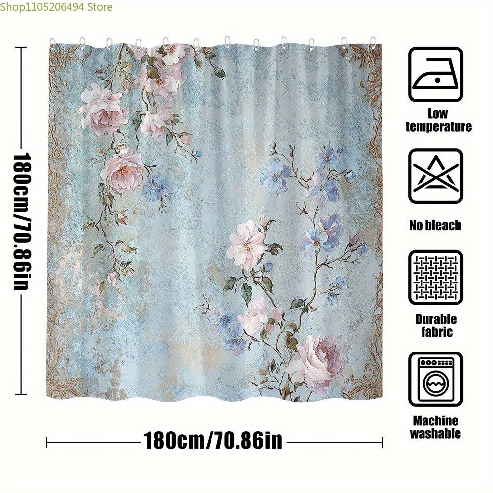 1pc Victorian Roses Shower Curtain - 19th Century Wallpaper Style with Pink & Blue Floral Design on Distressed Sky Blue Backgr