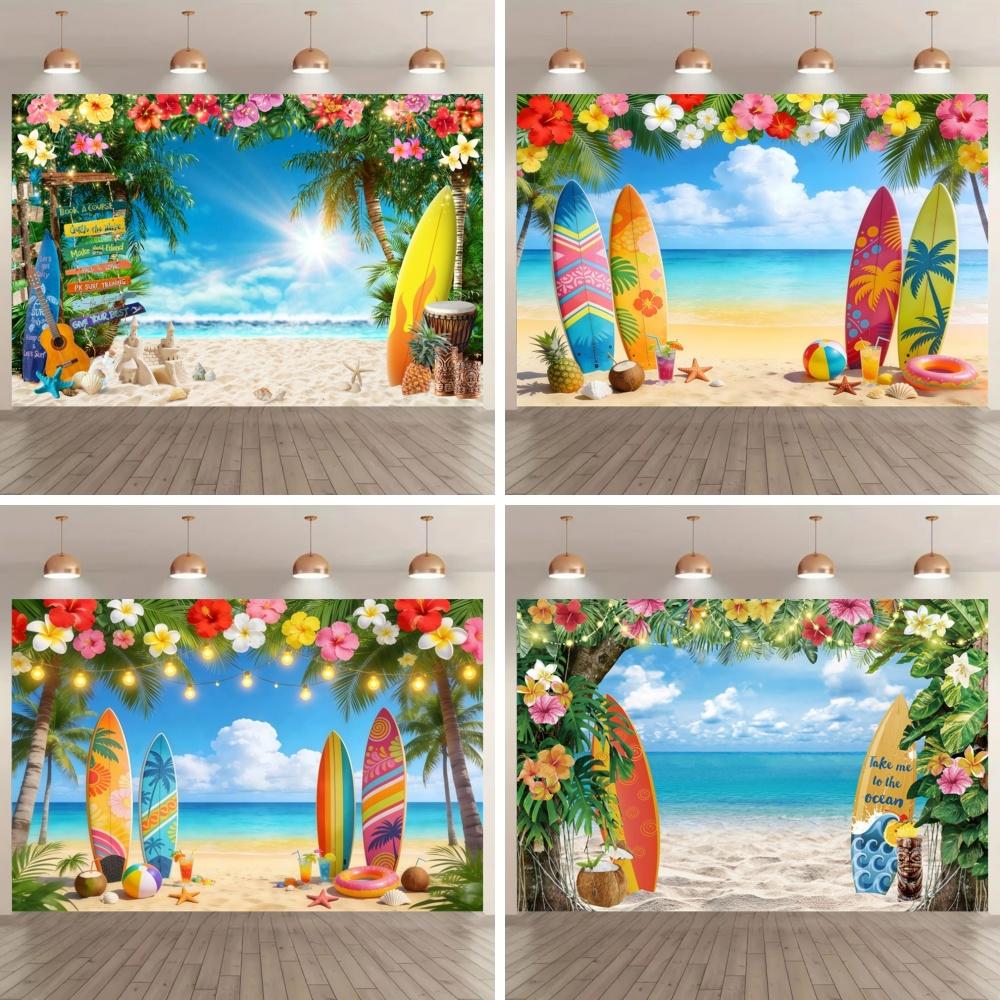 Tropical Beach Family Portrait Photography Background Surfboard Hawaiian Flowers Kids Birthday Party Backdrop Photo Booth Props