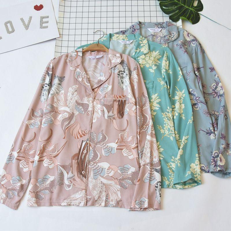 Foreign Trade Women Rayon Printing Long Sleeve Pajamas Top Summer and Autumn Thin Breathable Casual Cardigan Home Wear Can Be Worn Outside