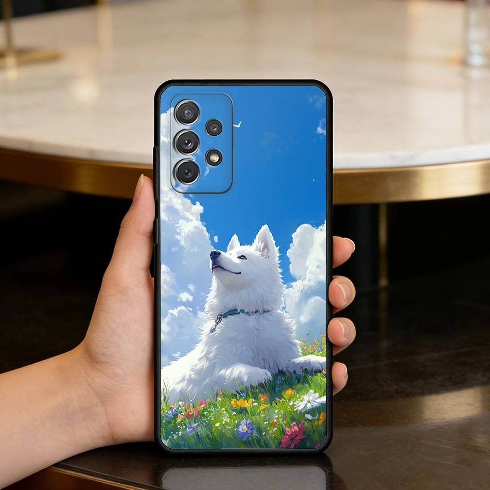 

Cute Pet Dog Samoyed Soft Silicone Black Cover Phone Case For Samsung Galaxy A73,A72,A71,A70,A53,A52,A51 Samsung a71 4g