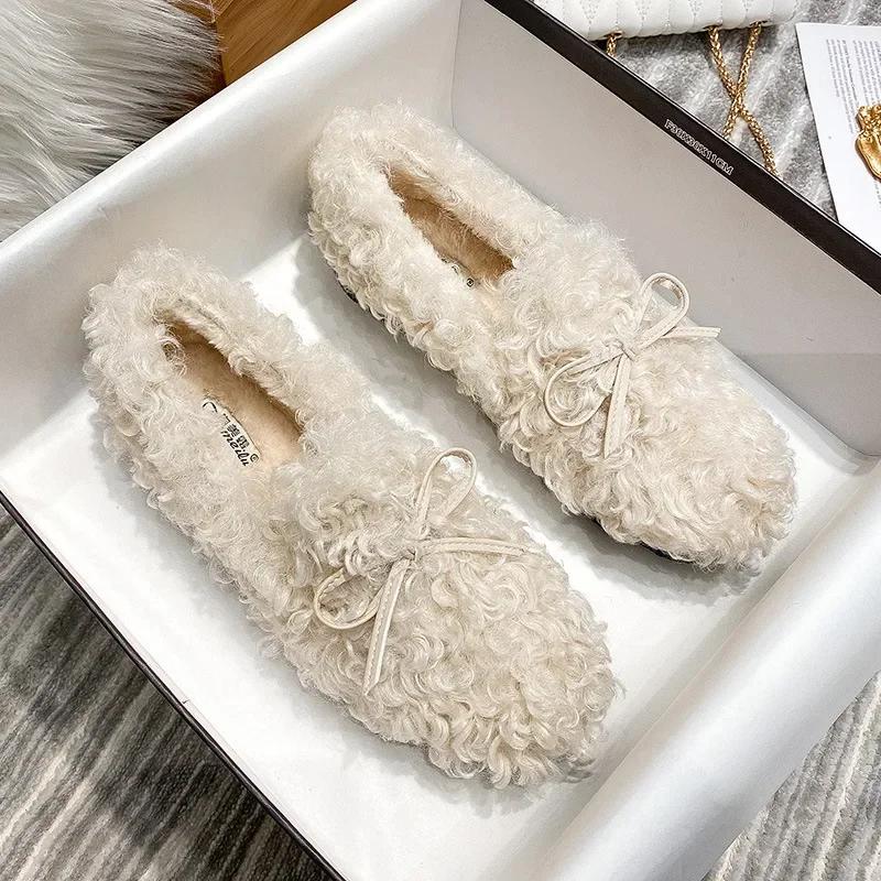 Fashion Women Winter Furry Shoes New Moccasins Soft Flat Non-slip Loafers Fashion Comfort Warm Plush Slip on Female Cotton Ballet Shoes