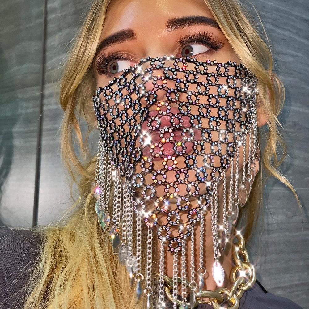 European-American Fashion Rhinestone Tassel Mesh Mask for Nightclub Parties