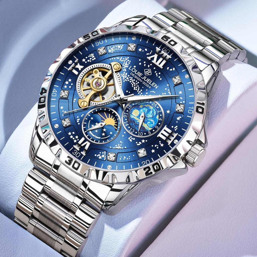 Luxury Automatic Mechanical Men Watch Fashion Moon Phase Business Watches Hollow Tourbillon Stainless Steel Men Wristwatch