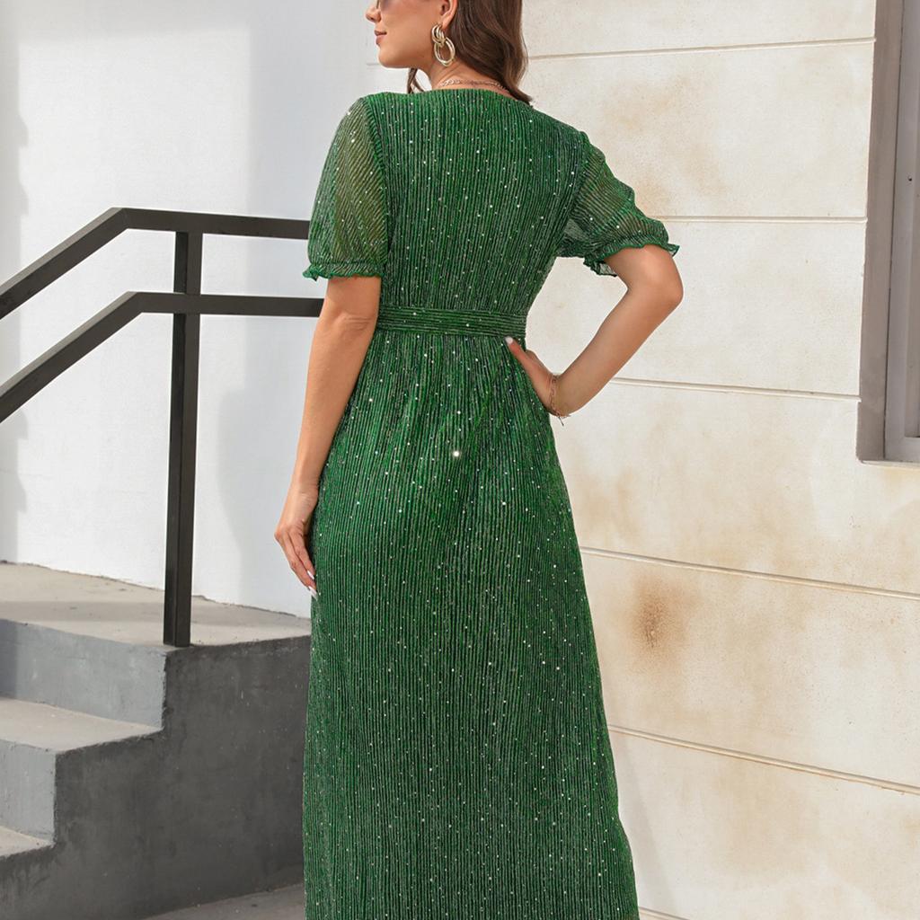 Women V Neck Wrap Maxi Dress Waist Belted Side Slit Pure Color Gold Stamping Short Sleeves Dress