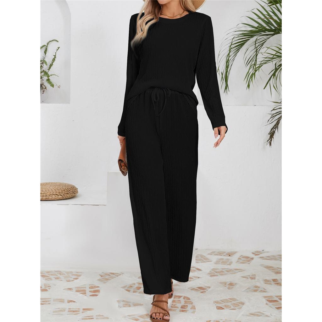 Women's Sets Casual Loose Knitted Jacquard Long-sleeved Crew Neck Top High Waist Drawstring Trousers