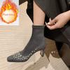 Fashion New Cowhide/suede 6.5cm High Heel Elastic Slimming Boots Autumn Winter Women Pearl/Rivet Style Fashion Ankle Boots Size 34-42