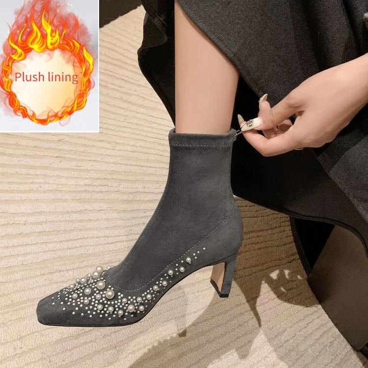 Fashion New Cowhide/suede 6.5cm High Heel Elastic Slimming Boots Autumn Winter Women Pearl/Rivet Style Fashion Ankle Boots Size 34-42