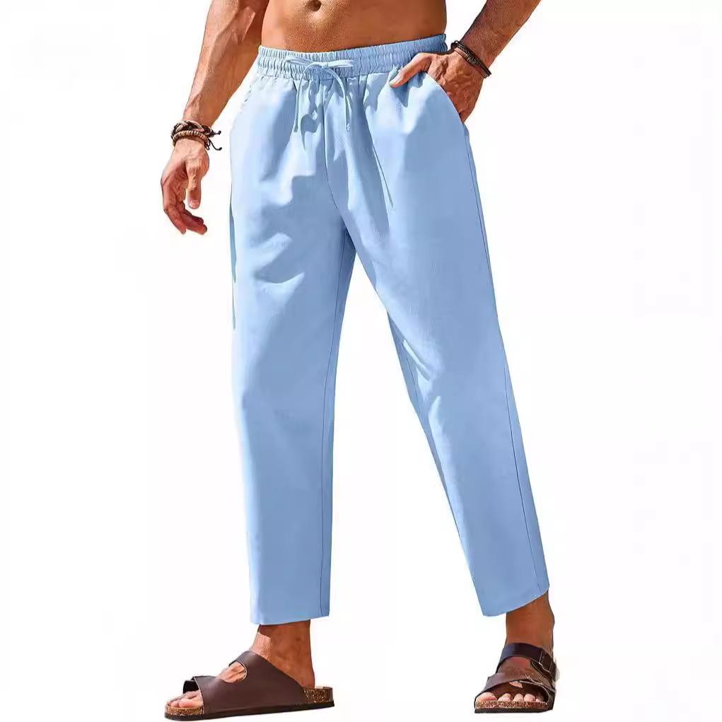 New Men's Linen Casual Pants Elastic Waist Drawstring Pants Yoga Beach Summer Trousers