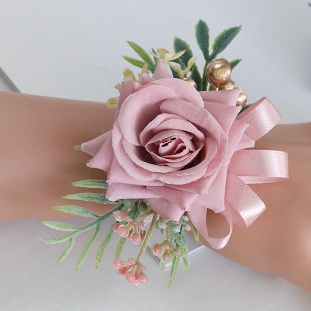 

Handmade Wedding Corsage Silk Flower Wrist Corsage Elegant Bride Bridesmaid Flower Women Men Pink Wrist Flower