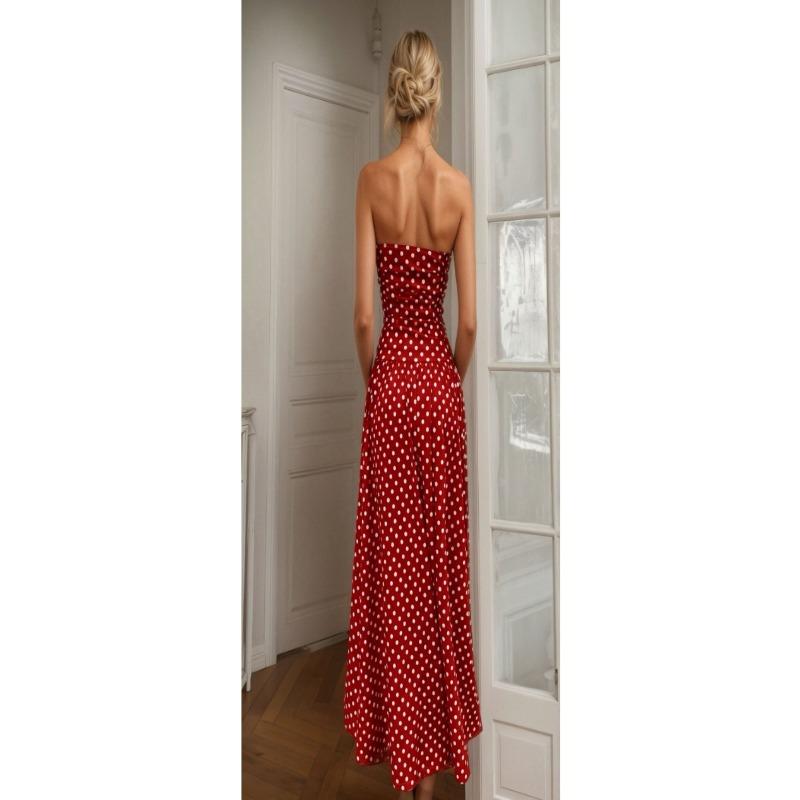 Women Retro Polka Dot Strapless Slim Fit A Line Long Dress