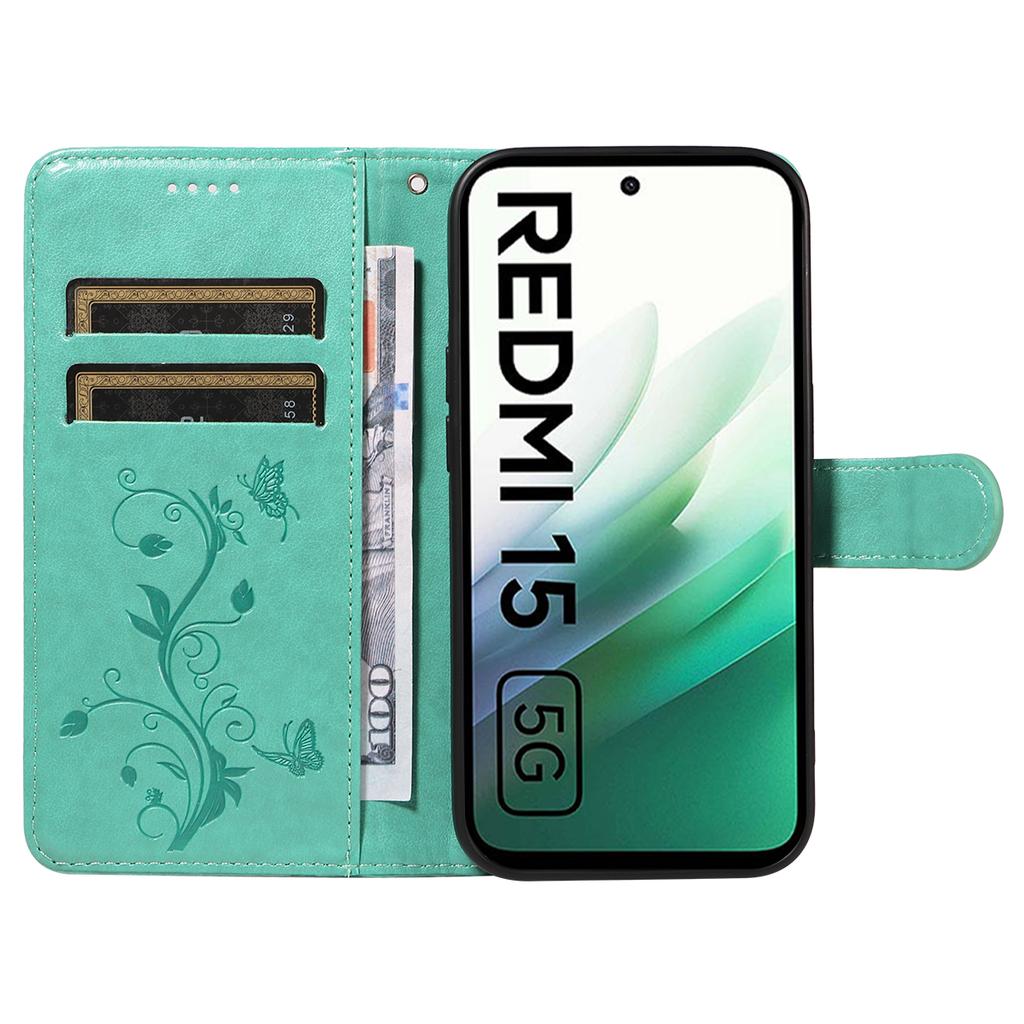 For Xiaomi Redmi 15 4G (EU) (171mm) PU Leather Cases Flower Pattern Wallet Stand Phone Cover with Strap