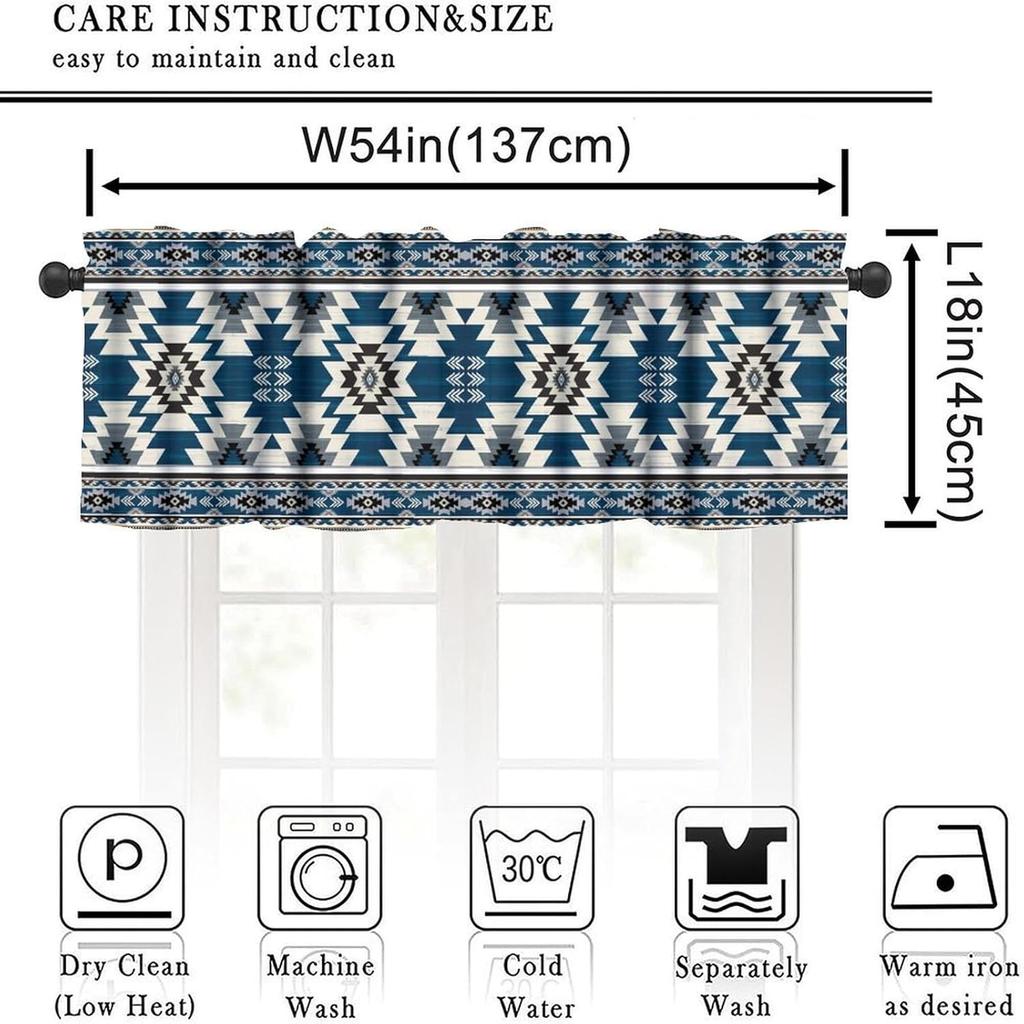 Blue Tribal Valance, Navajo Native American Navy Blue White Aztec Ethnic Geometric Print Blackout Short Window Curtain Drape for Kitchen Bedroom Cafe