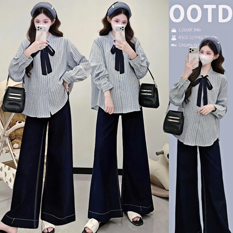 2026 Spring Maternity Top: Sweet Bow Collar Long Sleeve Shirt in New Korean Simple Fashion Style 2XL