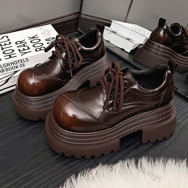 Fashion Women Retro Loafers 2025 Spring New Luxury Brand  Increase Thick Sole Leather Oxford Shoes Lace Up Outdoor Work Platform Shoes