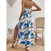 Damenkleid, Bedruckt, Träger-V-Ausschnitt, Häkelstich, Schlitzkleid, Geblümt, Bedrucktes Kleid