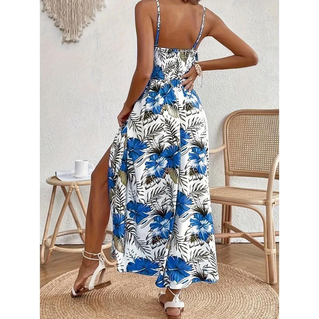 Damenkleid, Bedruckt, Träger-V-Ausschnitt, Häkelstich, Schlitzkleid, Geblümt, Bedrucktes Kleid