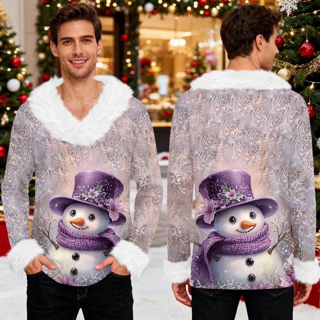 Męska bluza z kapturem z nadrukiem świątecznym, podszyta polarem | Sweter imprezowy z imitacją obszycia i kieszenią | Duży rozmiar, luźny krój, świąteczny pulower