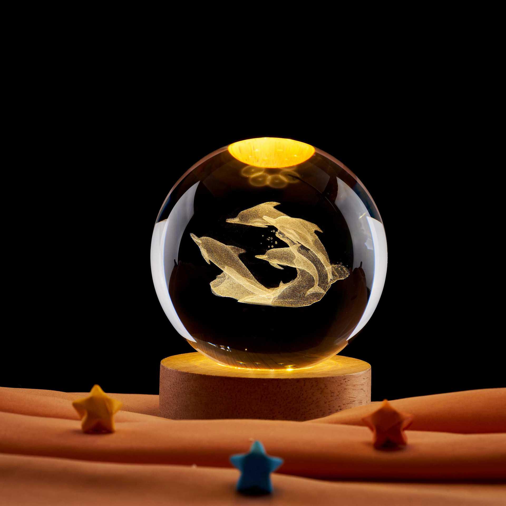 Rechargeable 3D Stereo Laser Engraved Dolphin Crystal Ball Night Light Ornament