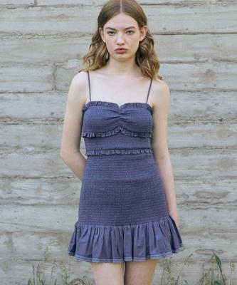 Lady Volume Frill Smoked Mini Dress (Blue)