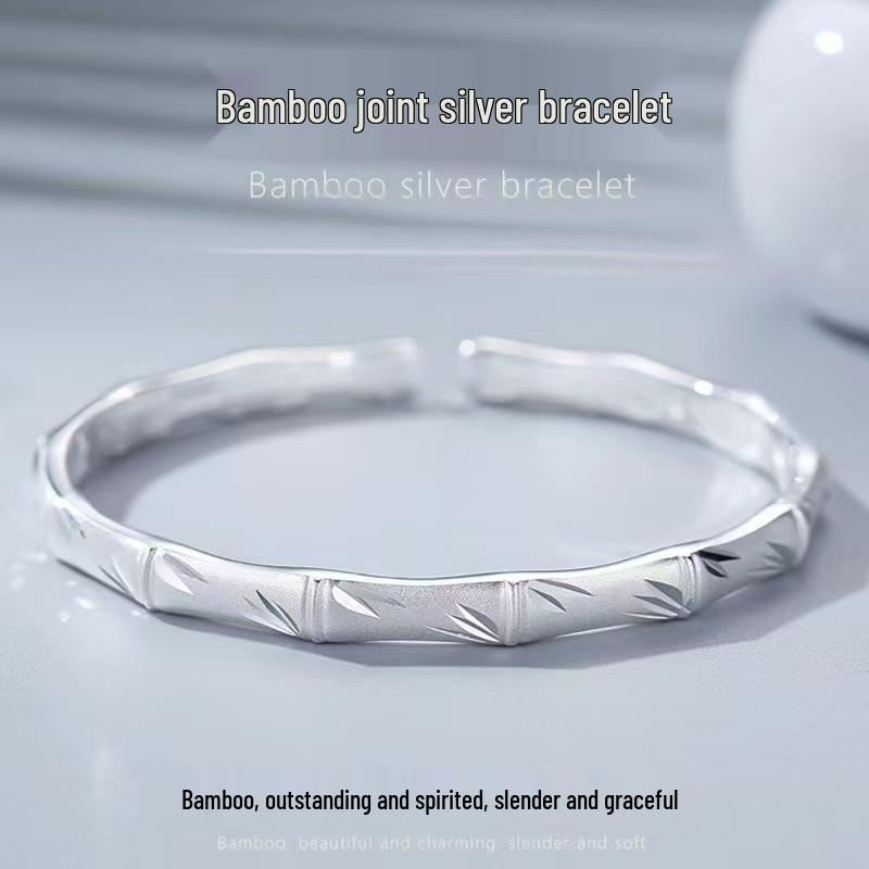 Silver Plated Bamboo Bangle: Frosted Alloy, Fashionable Gift for Women & Elderly