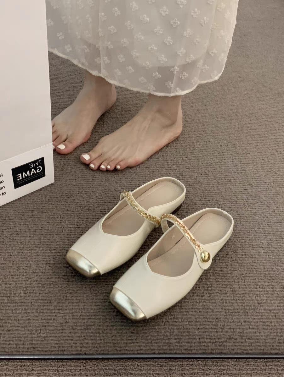 

New 2025 temperament square head metal sandals French summer outer wear bag head half slippers women s Muller flat bottom versatile 40