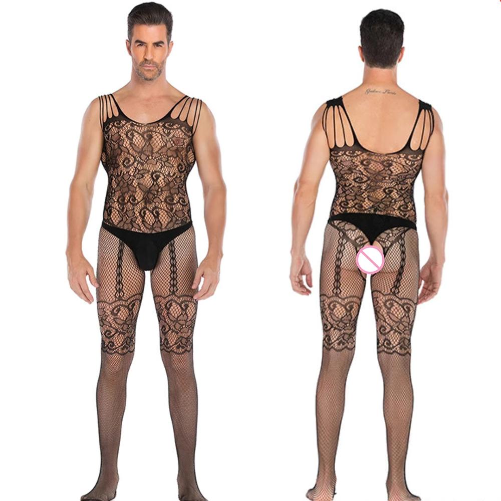 Crotchless Bodystocking Black Man Gay Transparent Net Clothes Sexy Lingerie Bodysuit One Piece Stockings Erotic Sissy Costumes