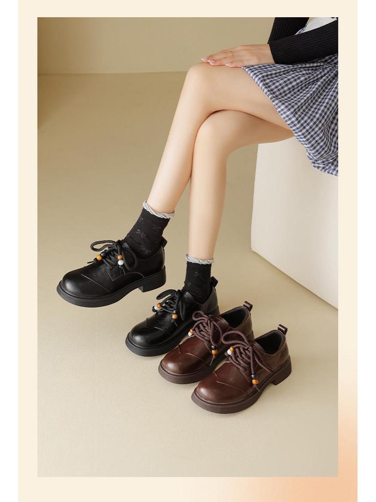 Augusdon Women's Black Lace-up Loafers, British Style, Thick Sole, Autumn 2025 Collection.