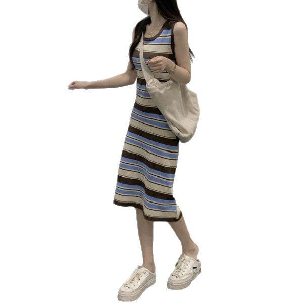 Striped Sleeveless Knitted Vest Dress - Women's Slimming Midi for Spring/Summer