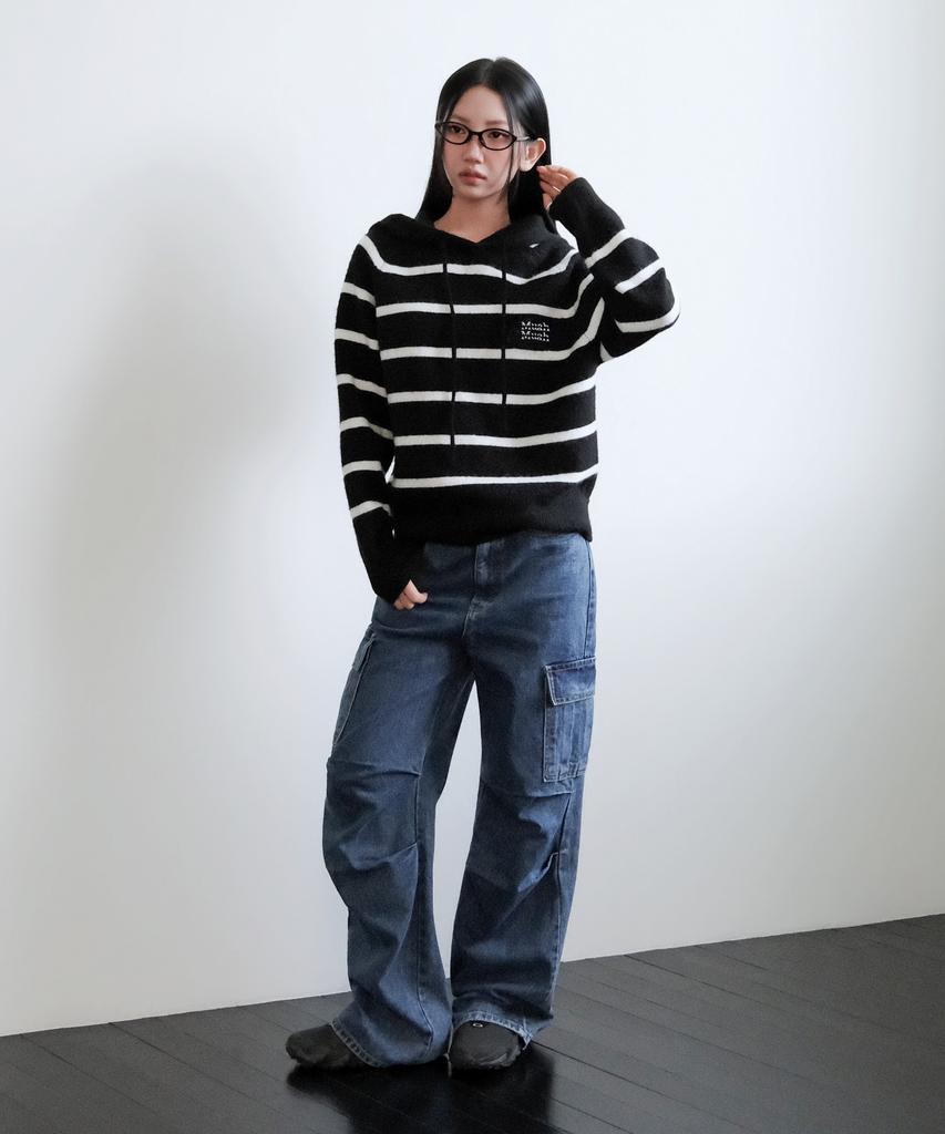 MUAHMUAH Striped Wool Brushed Hoodie Knit [Black]