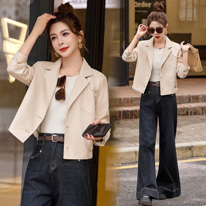 Damska casualowa kurtka z kołnierzykiem w stylu garniturowym ze skóry PU - Styl Wiosna/Jesień 2025 XG9958