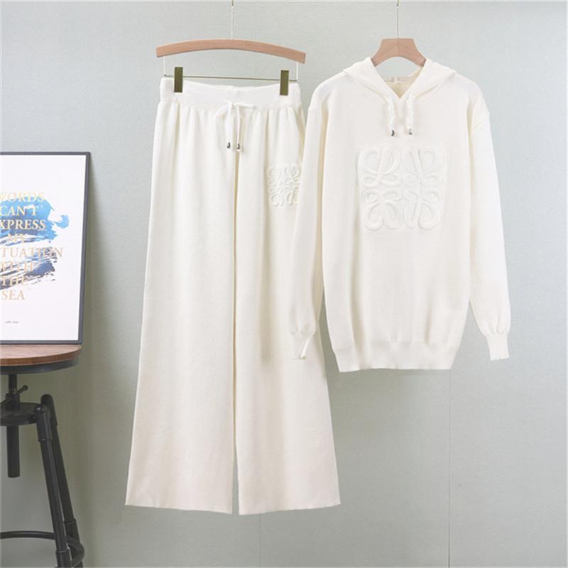 Hooded Knitted Sweater Suit For Women's Autumn And Winter Fashionable Age Reducing Wide Leg Pants Two Piece Set