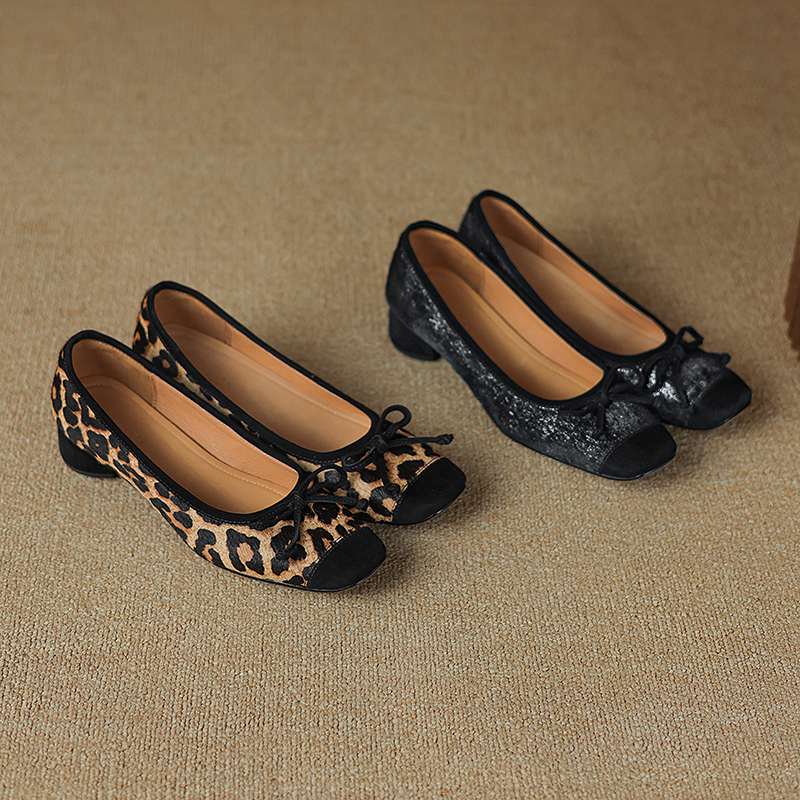 Krazing Pot Horsehair Summer Spring Autumn Med Heels Slip on Women Butterfly-knot European Design Square Toe Shallow Pumps