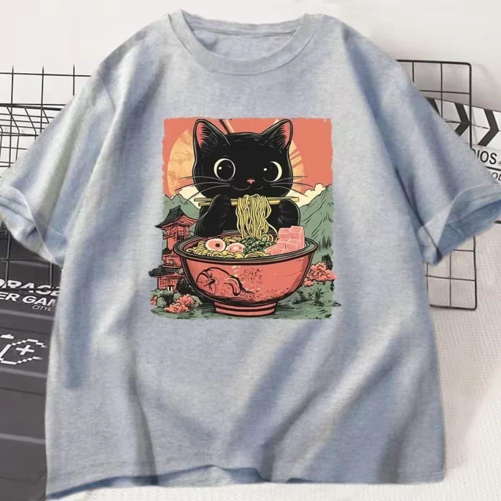 Cute Eating Ramen T-Shirt Women Adorable Graphic Tee Shirt Foodie and Cat Lover Tshirt Animal Printed Tees Top