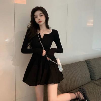 Knitted Black Wrap Dress Women Korean Style Bodycon Lace Long Sleeve Short Dresses Autumn Kpop Outfits Solid