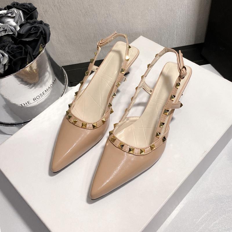 Baotou Sandals Women's Middle Heel Summer New Patent Leather Pointed Head Rivets Thin Heel Single Shoes One-word Buckle with Empty High Heels