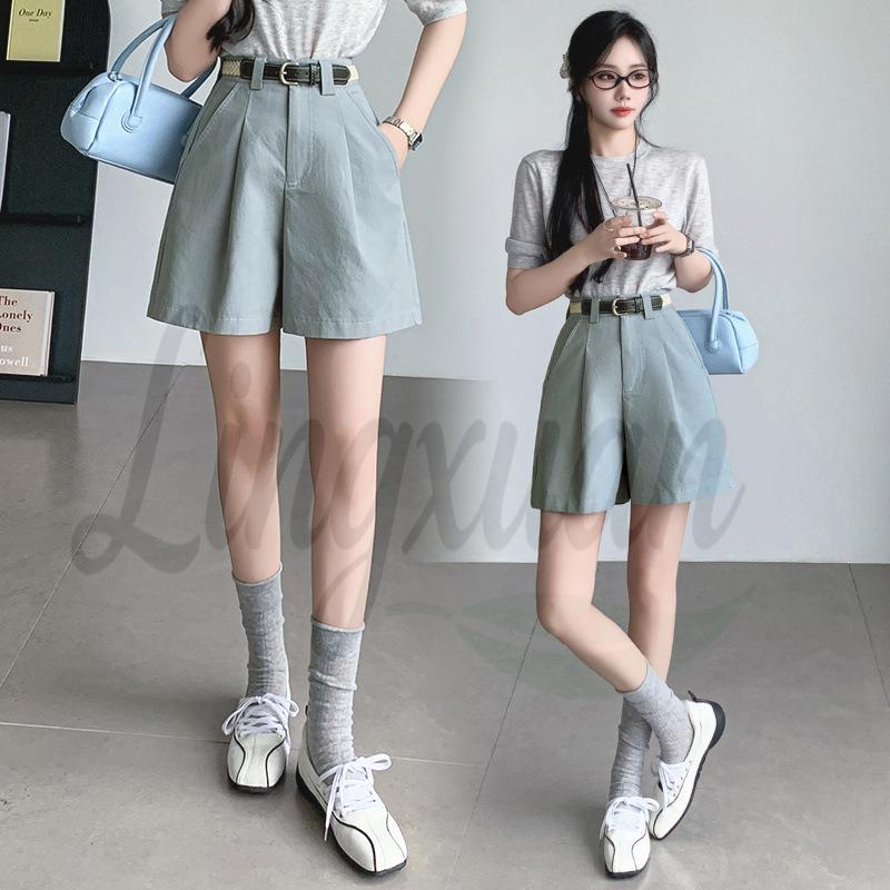 2026 Summer Korean Style Women s A-Line Cargo Shorts with Belt M синий