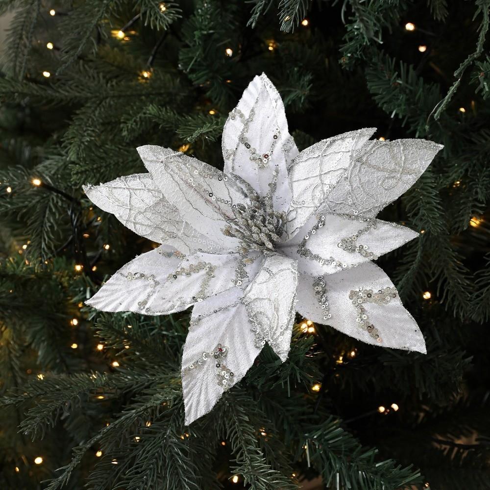 Glitzer Künstliche Weihnachtssternblume 28CM Pailletten Blume Weihnachtsbaumzubehör