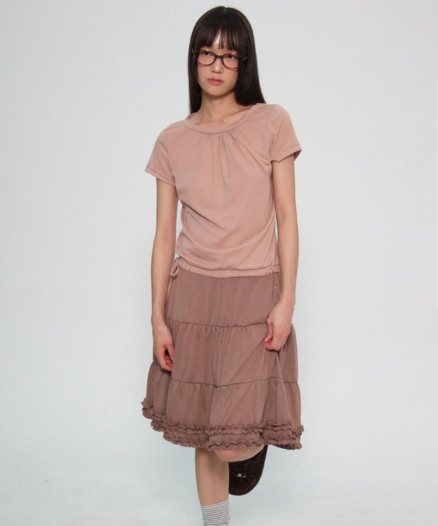 Some Place Shirred Frill Sleeveless Contrast Layered Flare Short Sleeve Midi Dress [Pink]