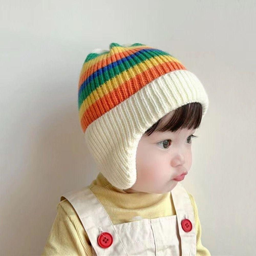 Soft Striped Rainbow Hat Korean Beanie Cap Colorful Baby Knitted Hat  Kids