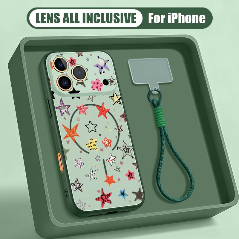 Creative Starry Stars Print Hand Strap Case For iPhone 17 Pro Max iPhone 16 15 14 13 Pro Max Magnetic For Magsafe Hybrid TPU+PC Matte Cover