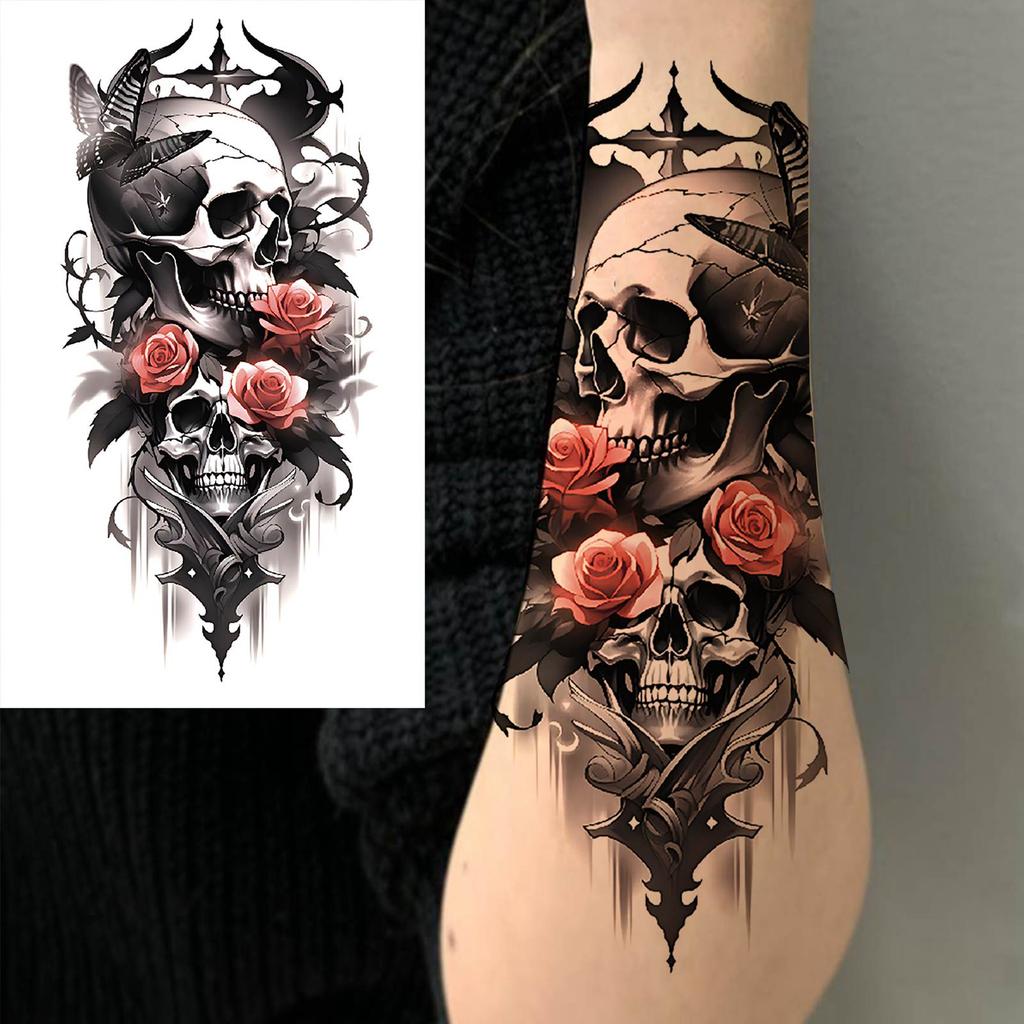1 Sheet Death Skull Fake Folwer Skeleton Temporary Tattoos For Women Men Adults Evil Devil Tattoo Sticker Rose Peony Flora Leaf
