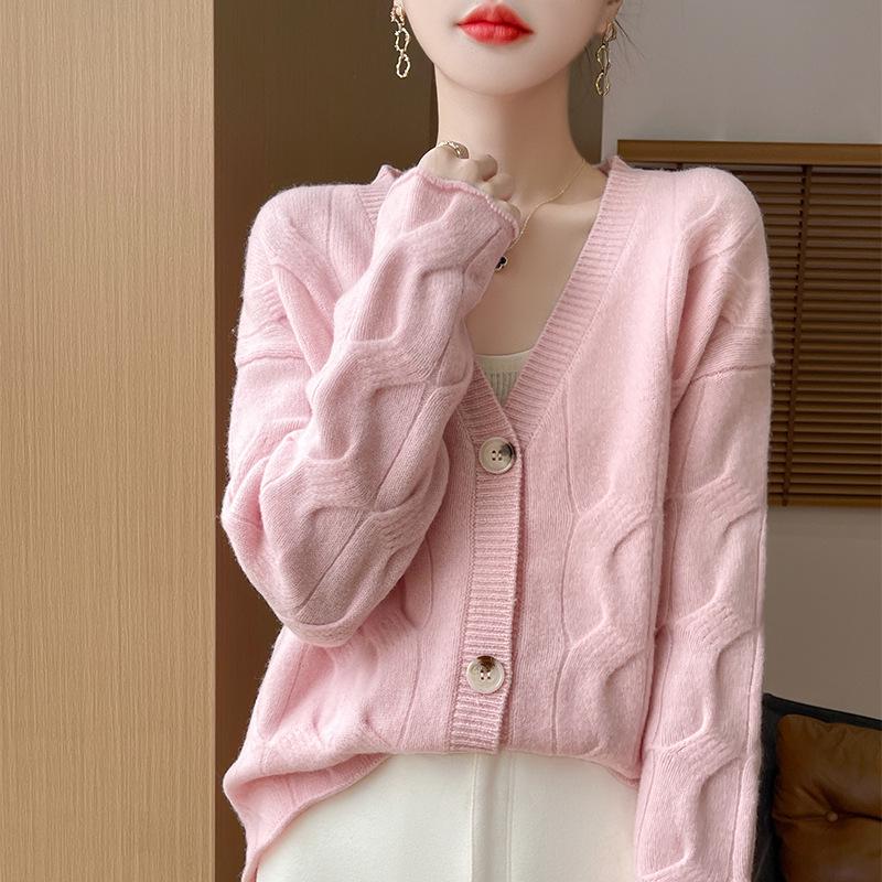 100% Pure Wool V-neck Women's Loose Fit Knit Cardigan - Autumn/Winter Versatile Layer