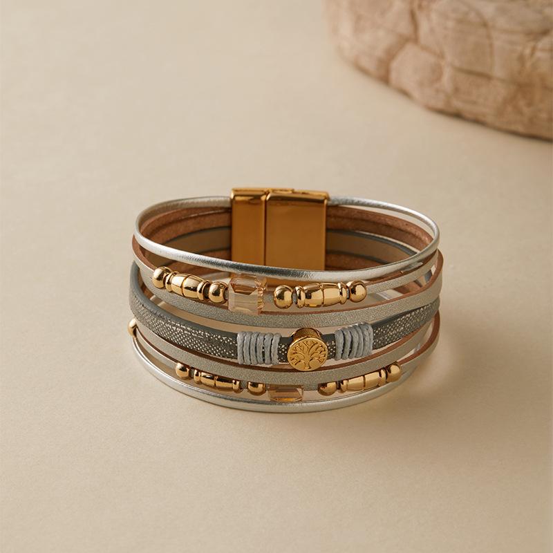 Brățară din piele cu mărgele pentru femei, lanț gros, multistrat, înfășurat, brățări late, accesorii de bijuterii pentru petrecere