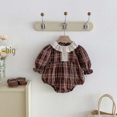Autumn Retro Plaid Romper with Lace Collar for Baby Girls, Outdoor Crawling Suit