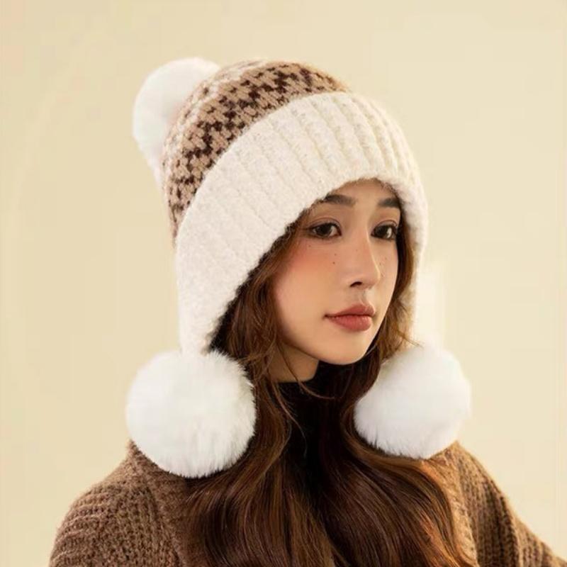 Bonnet Tricoté Rétro Style Îles Féroé pour Femmes Chapeau Chaud Automne Hiver Polyvalent Mignon Chapeau Oreilles Protection Pompon
