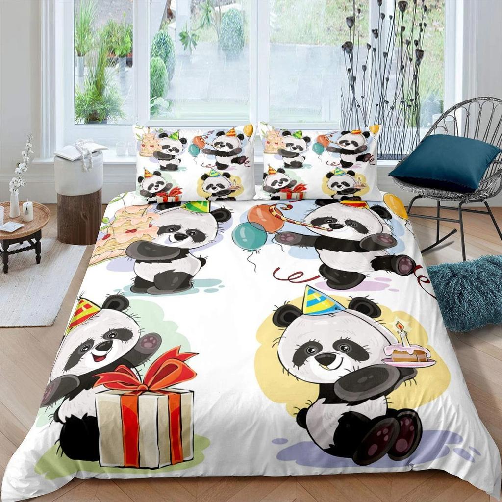 Panda Duvet Cover Set Cherry Blossoms Cute Animal Bedding Set Flower Branches Cartoon Double Queen King Polyester Quilt Cover