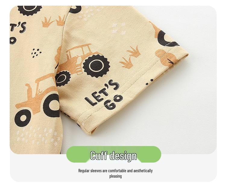 Cartoon Car Print Toddler T-shirt & Shorts Set - European Style, Knit Cotton, Two-Piece