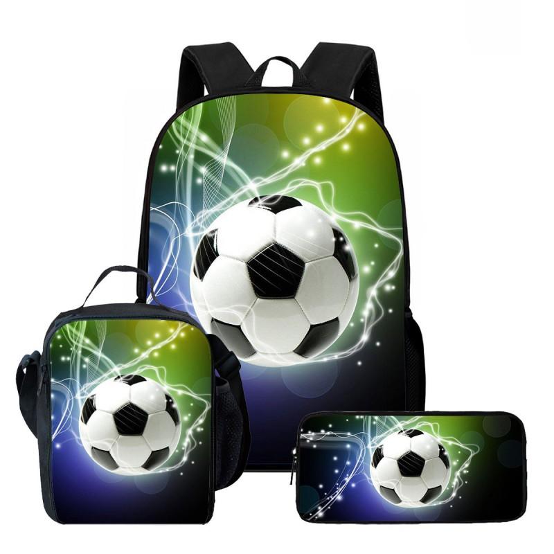 Kids School Backpack Set With Lunch Bag Pencil Case - Football Print Oxford Fabric Ergonomic Design Elementary Students