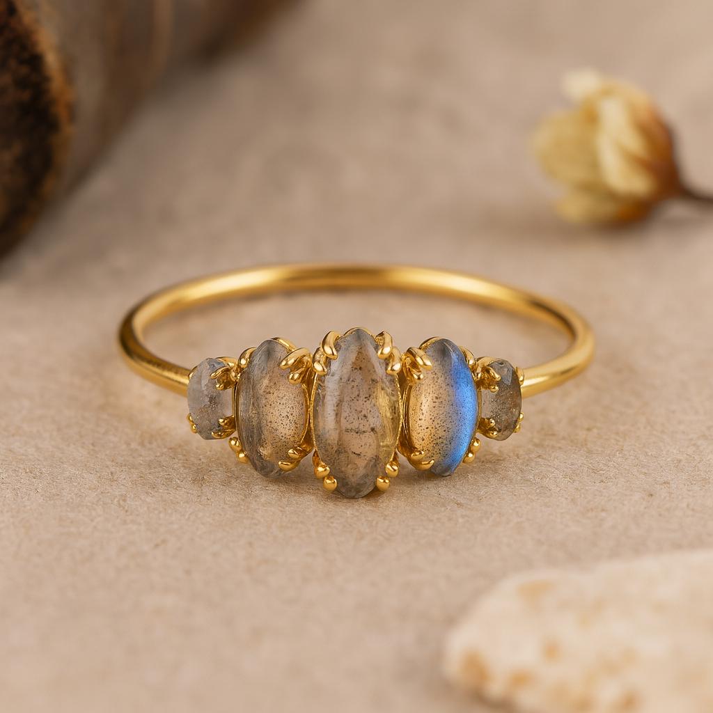 Wedding Engagement Anniversary Promise Gift – Marquise Cut Natural Labradorite Ring, Yellow Gold Plated Cluster, Handmade Leaves Design